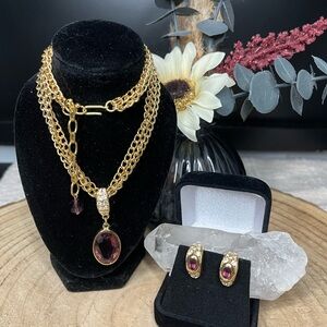 Swarovski Gold and Purple Necklace Set with Clip On Earrings Rhinestones